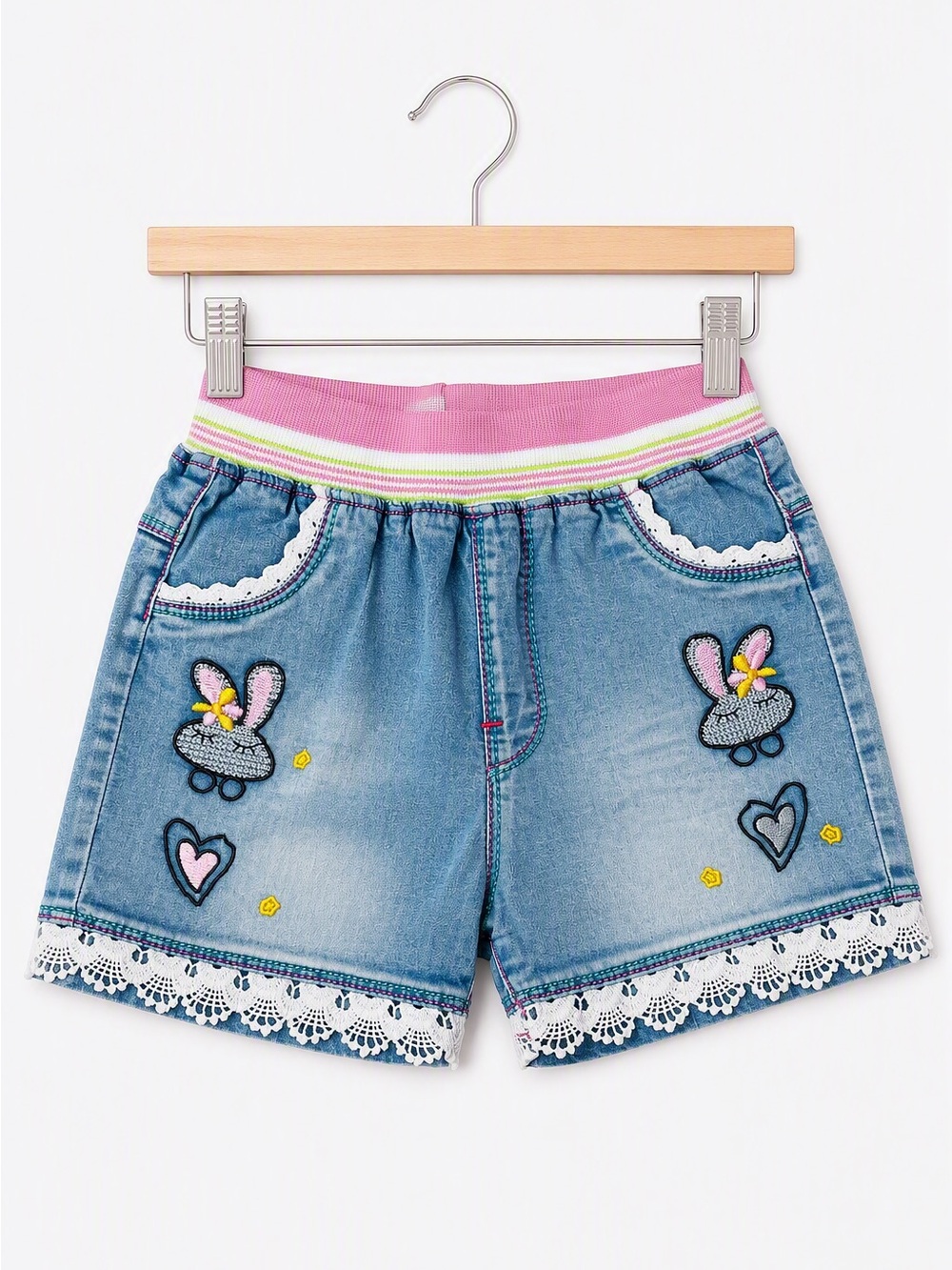 Girls Light Wash Denim Bunny Shorts Eyelet Lace Trim Elastic Waist Kawaii